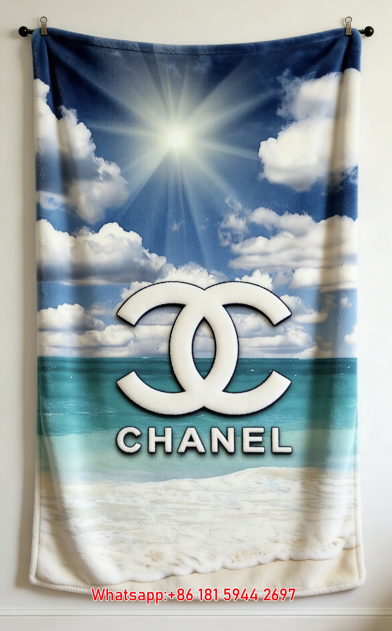 Luxury Chanel White CC Logo Flannel Throw Blanket  Turquoise Ocean Beach Print IMG_7217